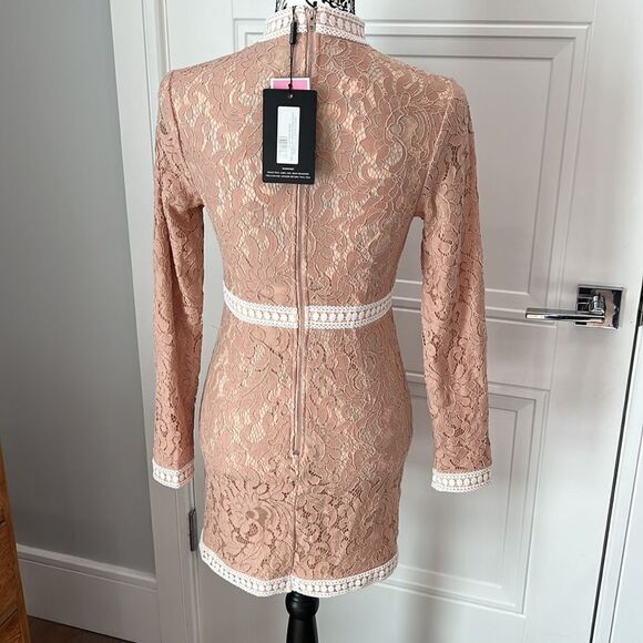 Pretty Little Thing Lace Lattice Detail Bodycon Dress Nude high neck 6 Gorgeous - Picture 5 of 7